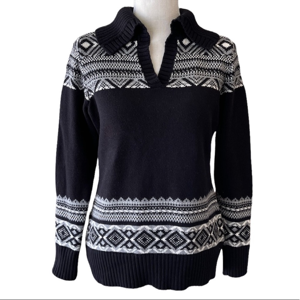 Liz Claiborne Collared V-Neck Sweater in Black & White Women’s Size MP